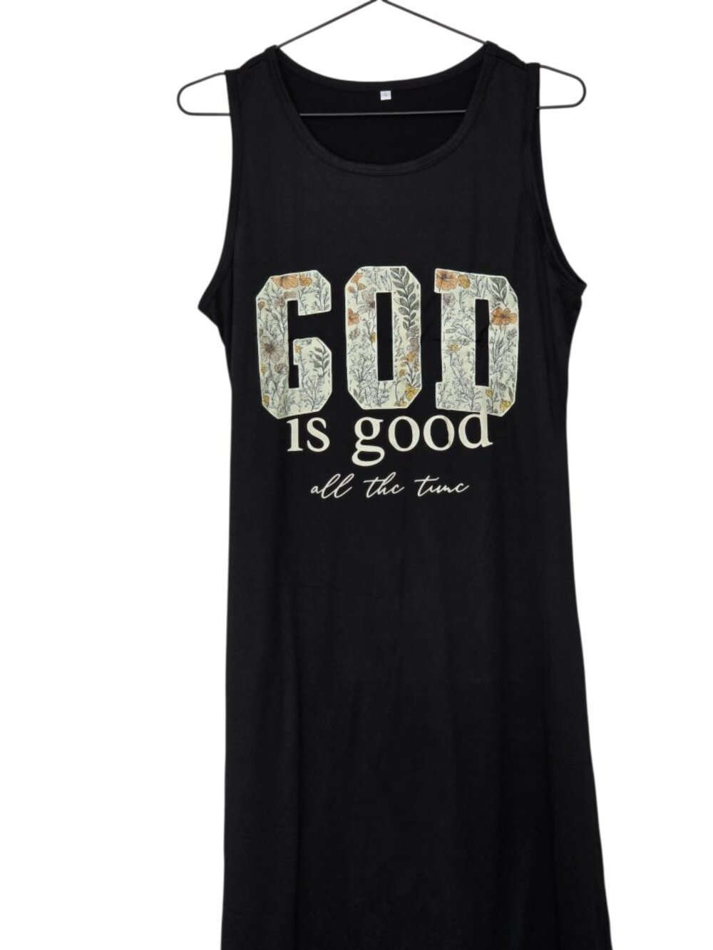 Women's Black Long Maxi Jersey Sleeveless Dress "God is good all the time" Size - Picture 2 of 6